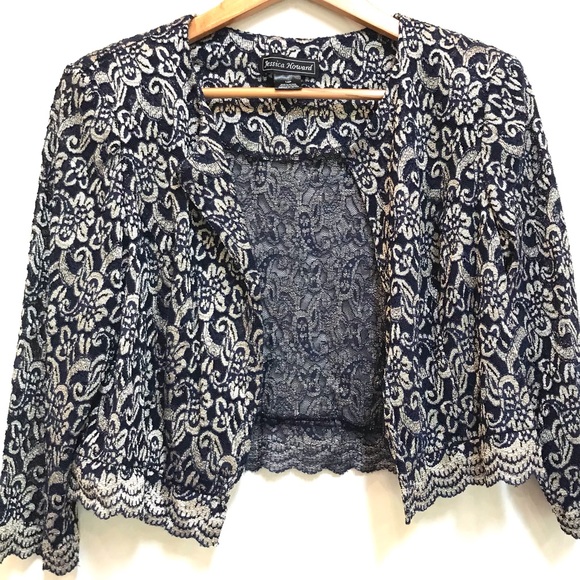 Jessica Howard Vintage Blue and Gold Floral Cropped Jacket (14P) - Picture 4 of 7
